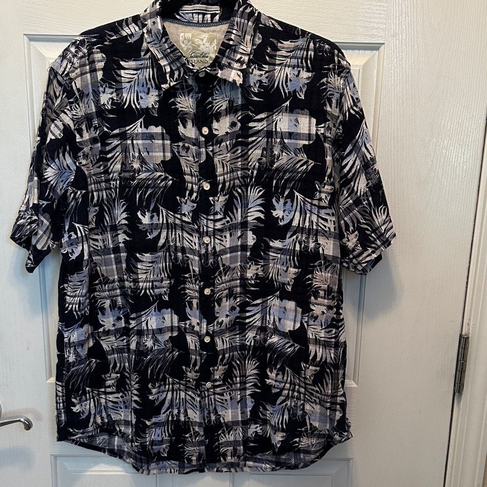 Men's Black Cream and Blue Tropical Print Shirt - Linen and Cotton Blend Size L